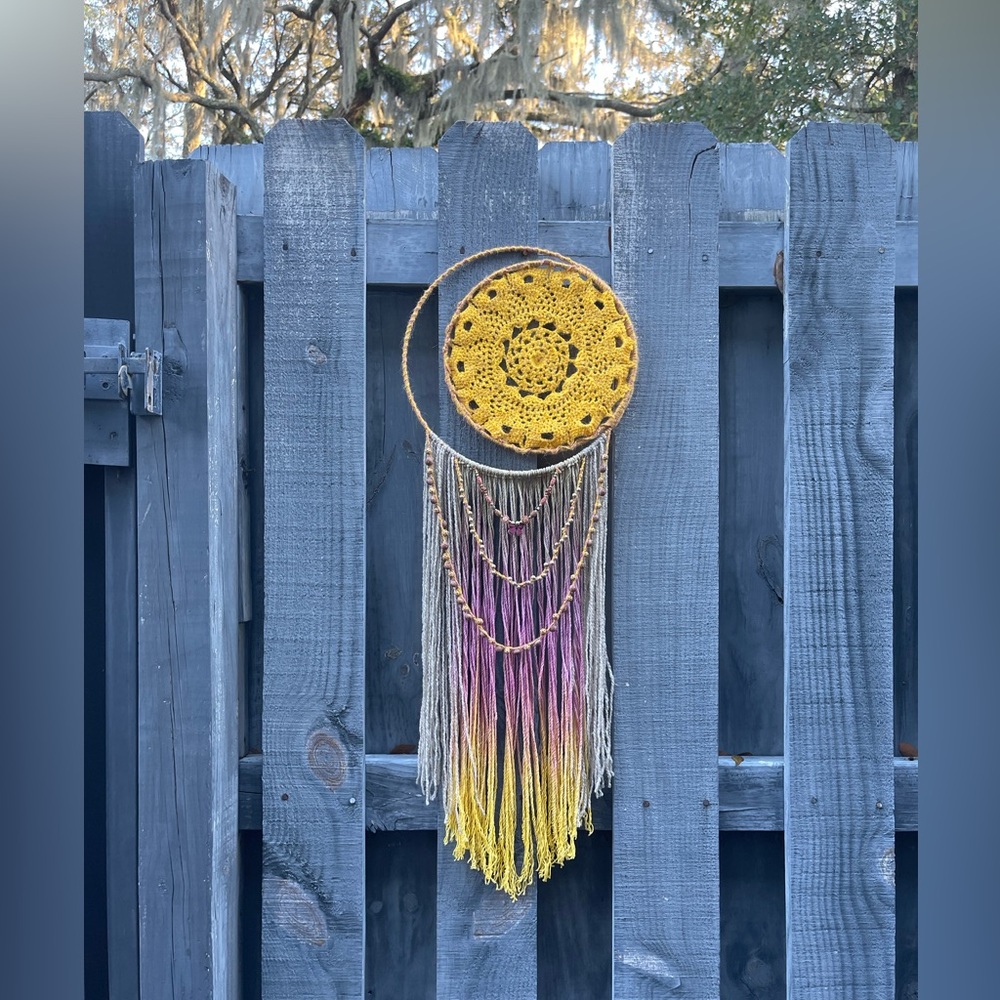 Crocheted Boho Yellow and Pink Wall Hanging Dreamcatcher